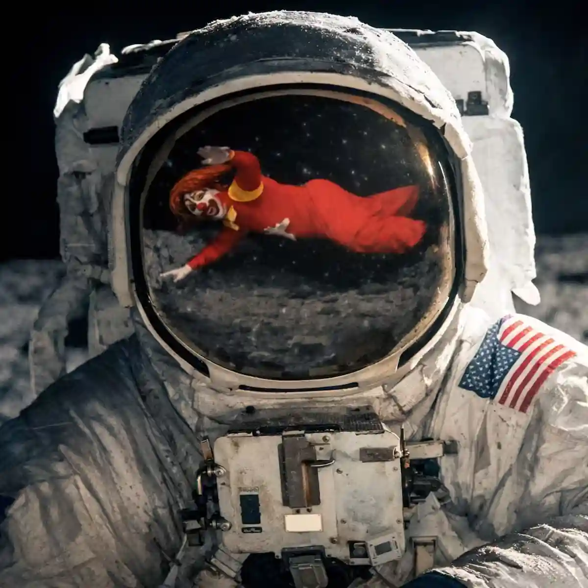 primeiro homem na lua vendo o palhaço gozo refletido no visor